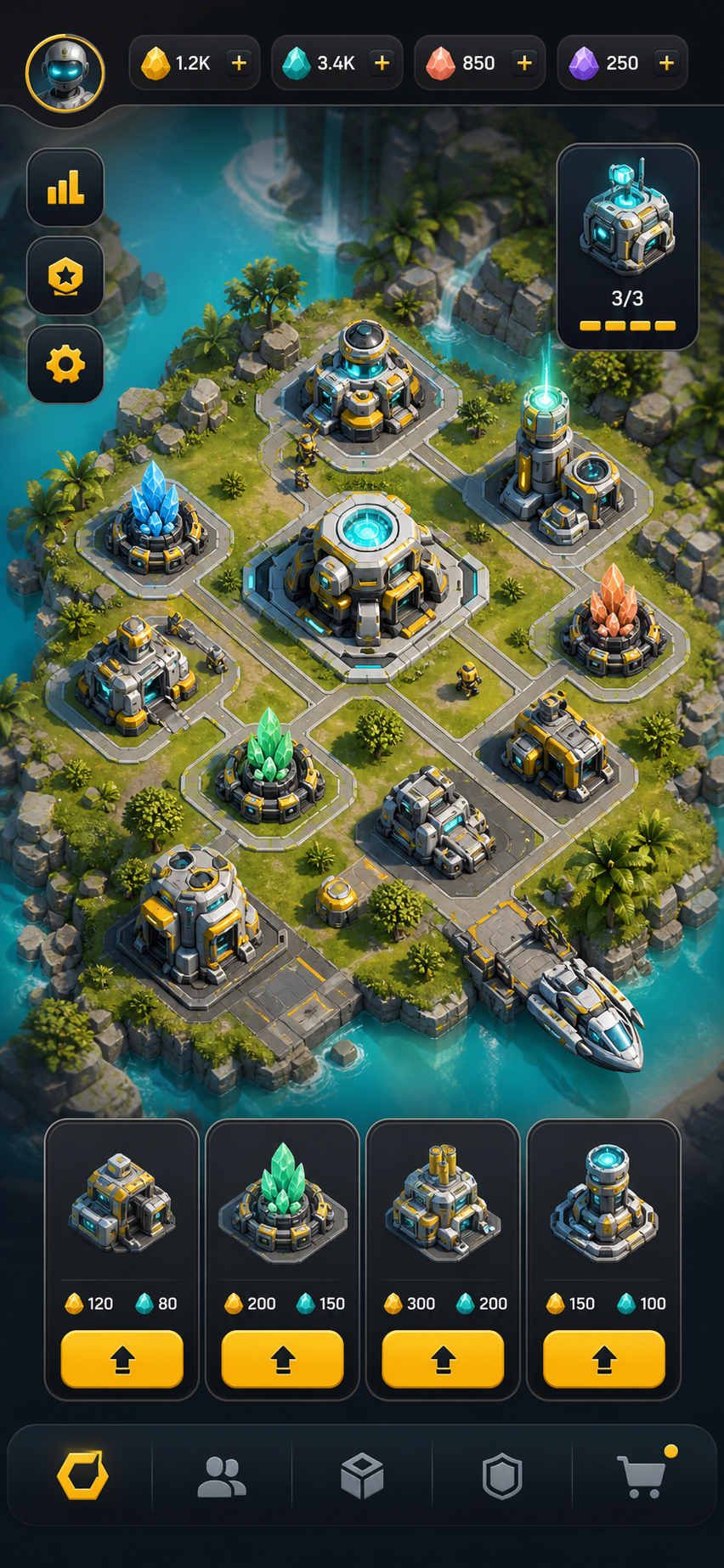Imaginary mobile strategy game interface with island base