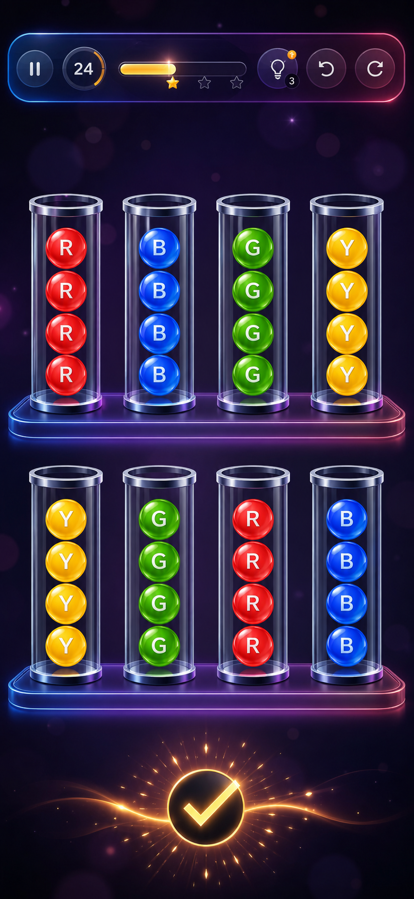 Sortiago-style glossy color sort puzzle game interface